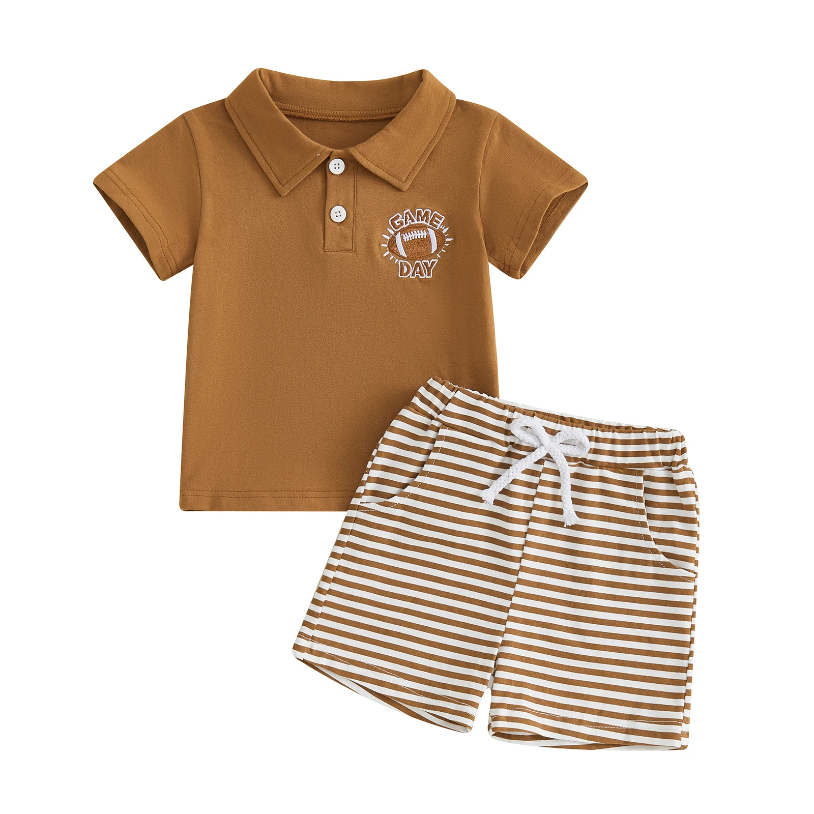 Toddler Baby Boys Summer Outfits Adorable Football Embroidery Short Sleeve Tops and Striped Shorts Set