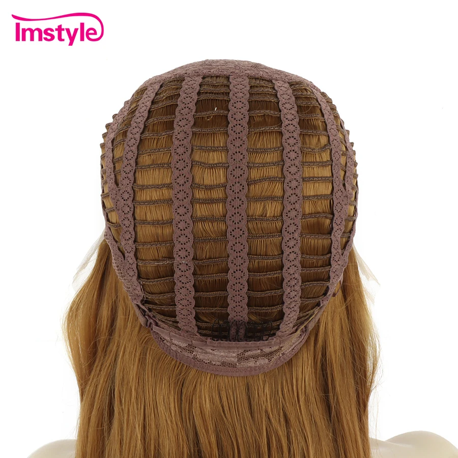 Imstyle-peluca sintética con malla frontal para mujer, cabellera larga ondulada Natural, color rubio dorado, fibra resistente al calor, 24 pulgadas