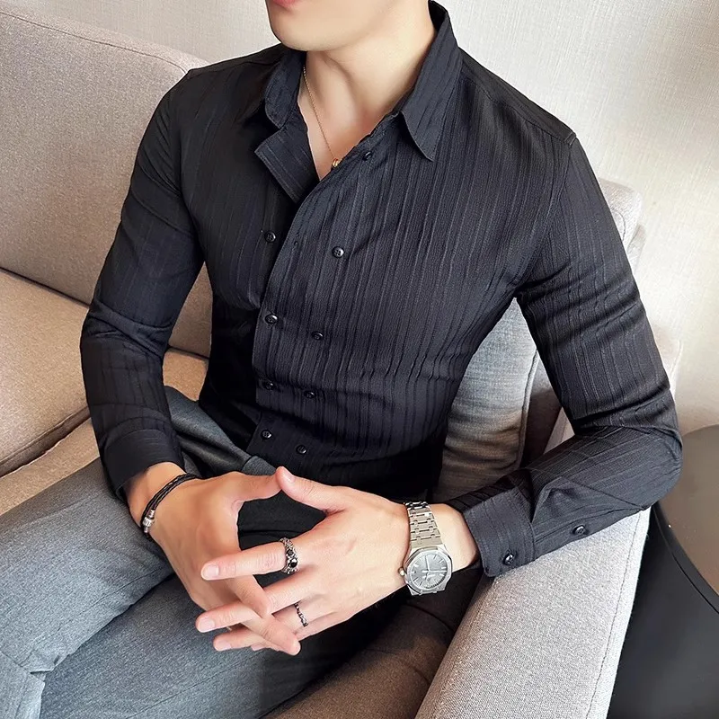 New Men's Fashion Double Breasted Shirts Solid Color Long Sleeve Smart Casual Shirts Men England Style Formal Party Male Blouse