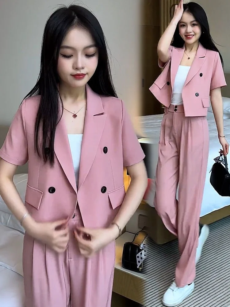 

Fashionable 2 Piece Set For Women Summer Of 2023, New Westernized Style, Reduced Age Casual Wide Leg Short Sleeve Pants Suits