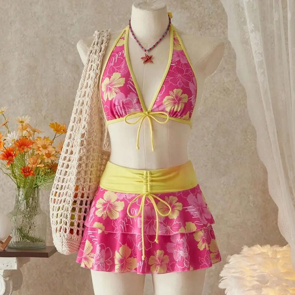 3Pcs/Set Fashion Summer Floral Swimsuit Triangle Halter High-Waist Bikini Set Beachwear Bathing Suit Swimwear Vacation