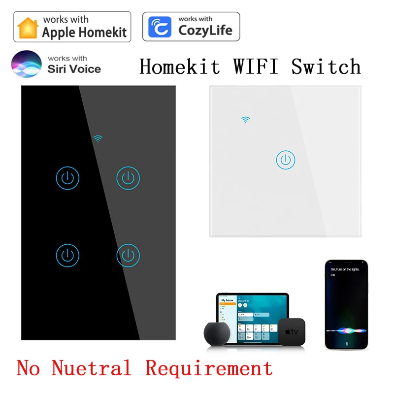 Homekit Wifi Switch No Neutral Wire Required Touch Switch Work with Alexa Google Home Siri Voice Control App Remote Control