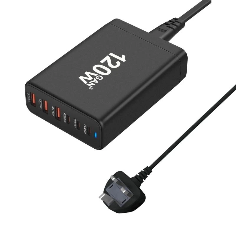 

Портативное настенное зарядное устройство USB мощностью 120 Вт с 3 портами USB типа C и 3 портами USB A, настольным адаптером и