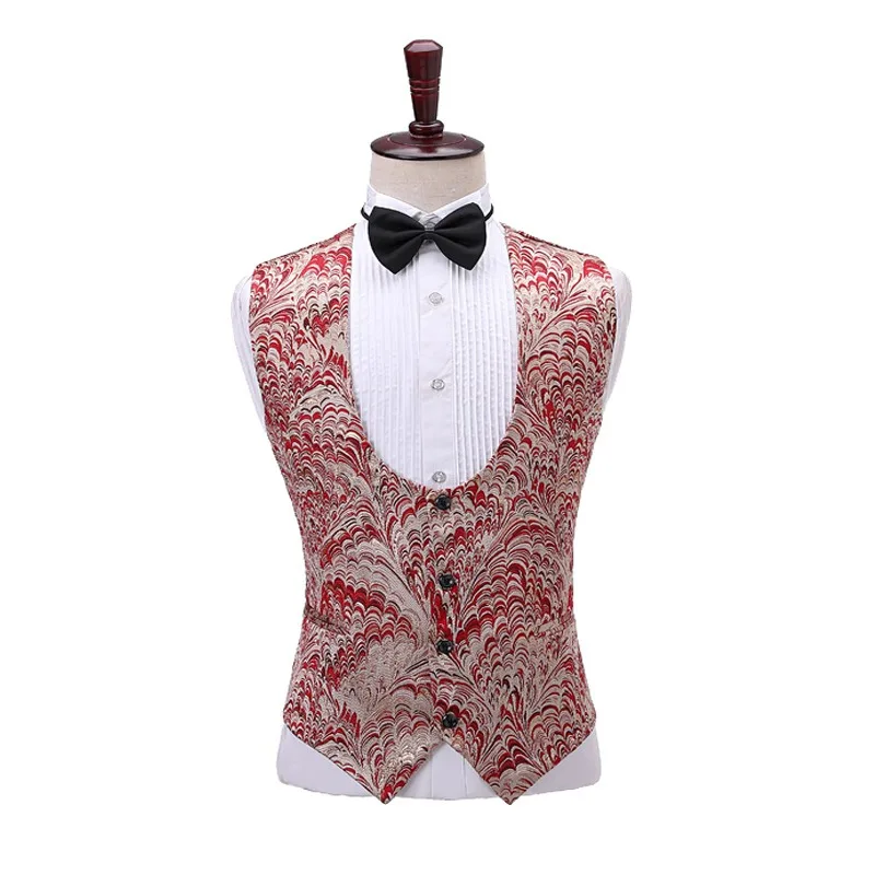 Men Suits Burgundy Jacquard Lapel Collar Suits Three-piece Set Perform Male Host Suit Groom Suit Men