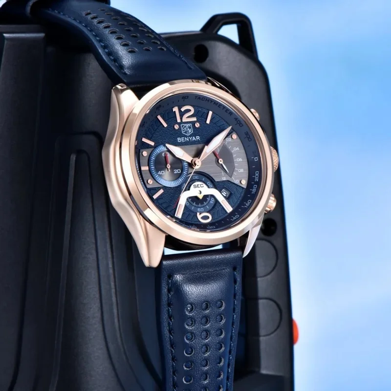 BENYAR 5171 Fashion Men's Quartz Watch Leather Strap Luminous Calendar Chronograph Sport Military Waterproof Wristwatch