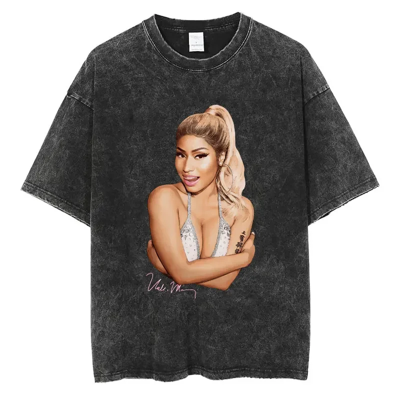 Rapper Nicki Minaj Washed Distressed T-Shirt Hip Hop Style T Shirts Men Women Cotton Casual Loose Short Sleeve Summer Streetwear