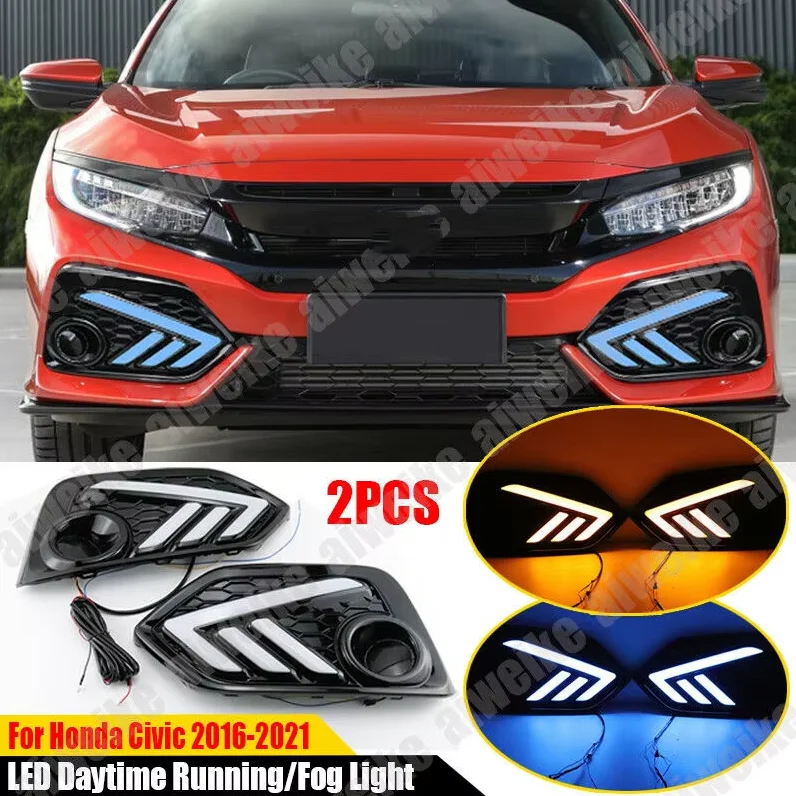 

Для Honda Civic 2016 17 18 19 20 2021 2 шт. DRL светодиодные дневные ходовые огни противотуманные фары с указателем поворота