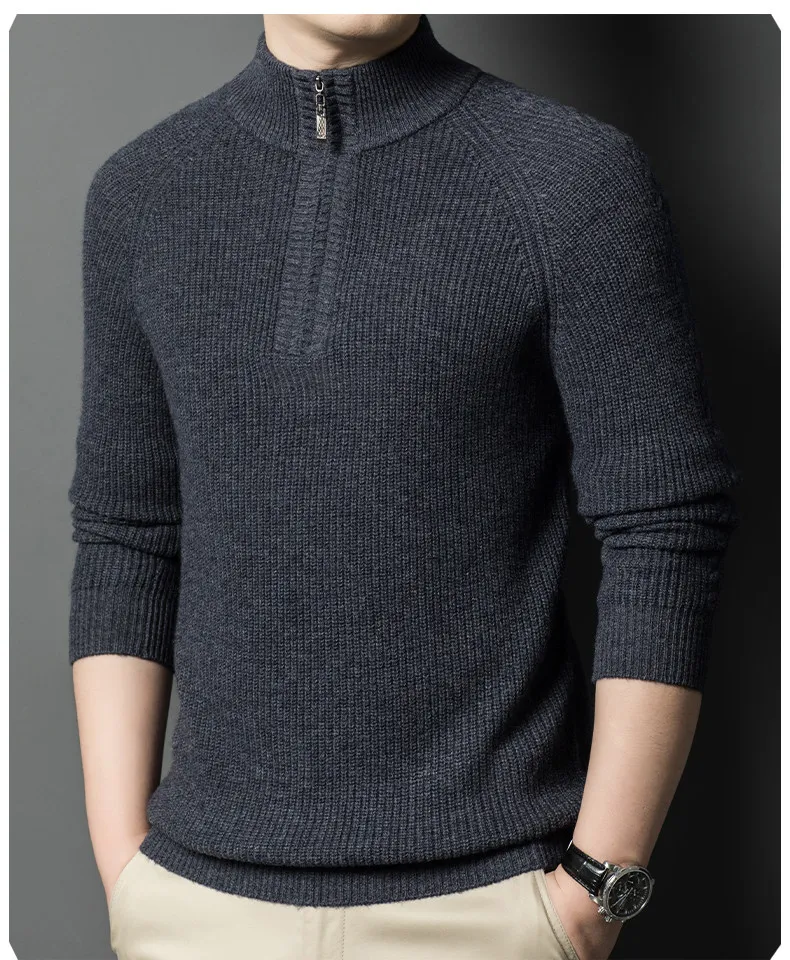 100% pure cashmere sweater semi-high neck zipper men's padded warm twisted pattern casual knitted sweater