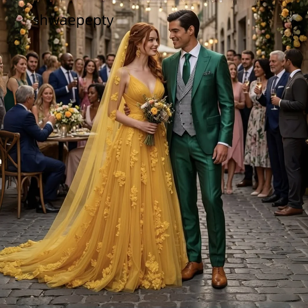 Mustard Yellow V Neck 3D Floral Tulle Wedding Dress A Line Long Train Bridal Gown Romantic Forset Bride Dresses Customized