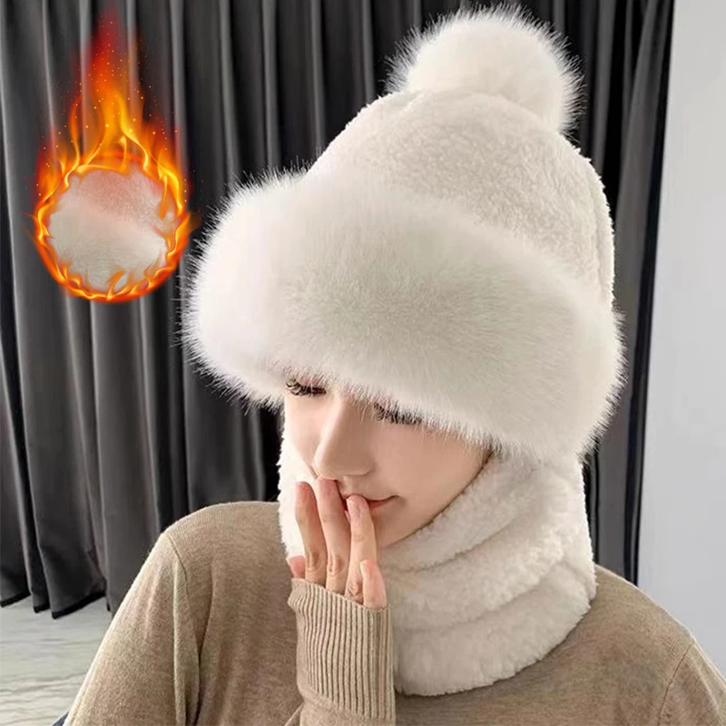 Women's Thicken Hat with Face Neck Cover Set Winter Fur Cashmere Warmer Beanies Caps Outdoor Thick Plush Fluffy Mask Scarf