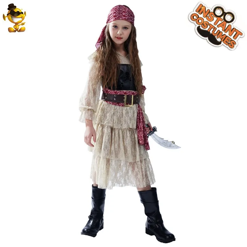 

loween Girl's Lace Pirate Skirt Stage Performance Par Costume Girls' Pirate Outfit Floral Print Long Sve Top And Skir...