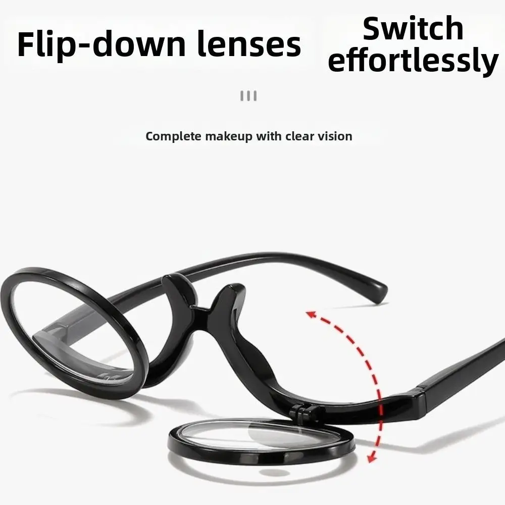 Reversible Makeup Reading Glasses Flip Cover Hands-Free Presbyopia Eyewear Adjustable Spring Foot Flip-Up Cosmetic Readers