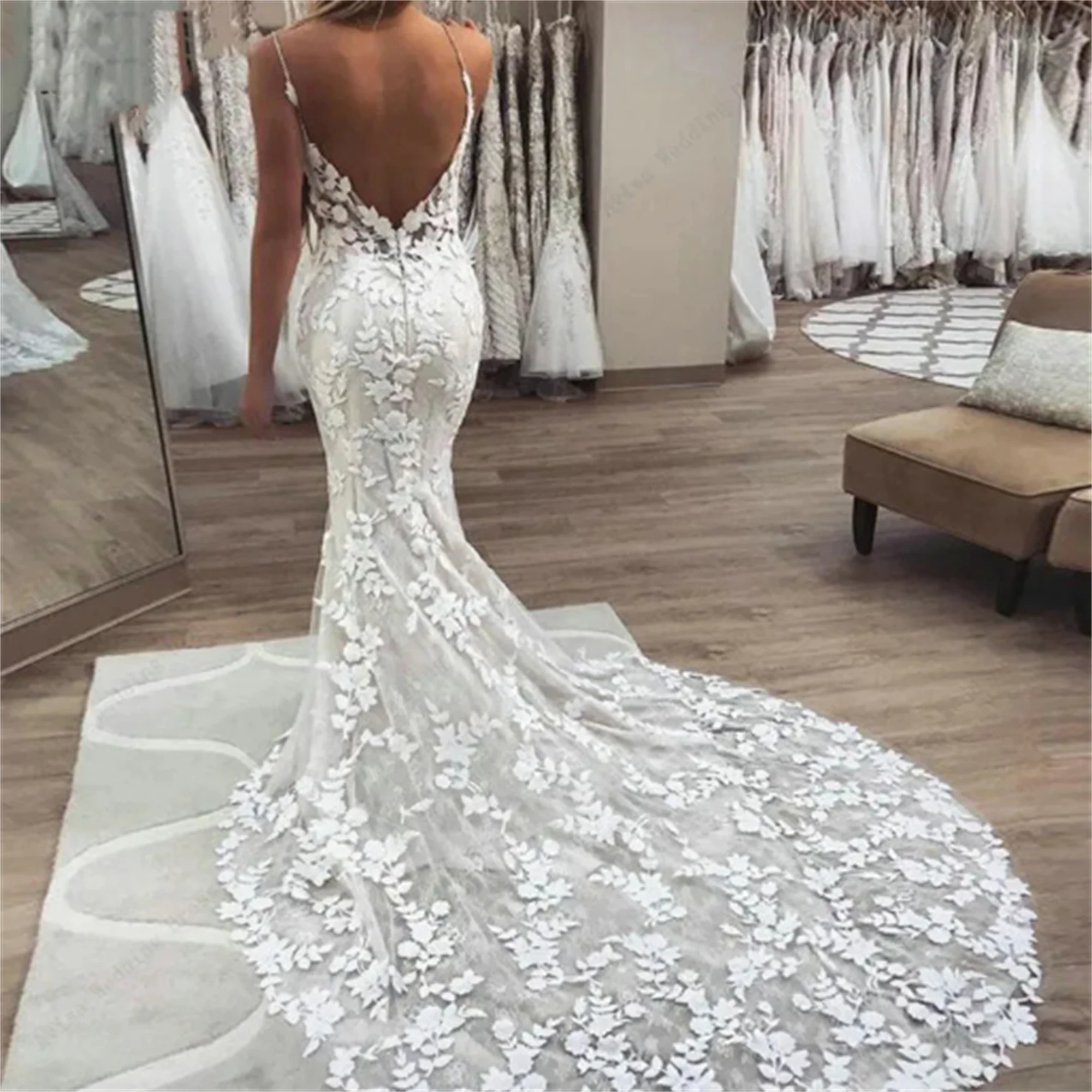 Boho Lace Appliques Wedding Dress Mermaid Bridal Dresses 2024 Spaghetti Straps Backless Beach Bridal Gowns Vestido De Noiva