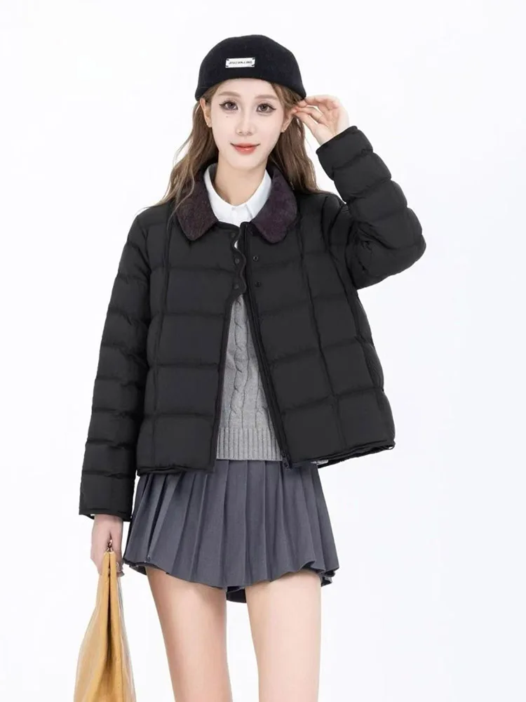 2025 Winter New Light and Thin Down Jacket Women Lapel Collar Color Blocked Western Style White Duck Down Trendy Coat