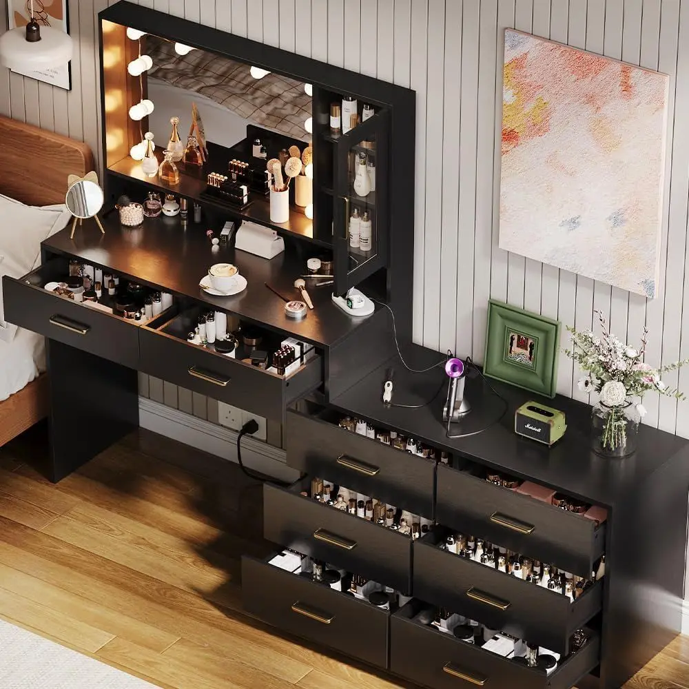 Elegant Black Makeup Desk with Drawers, Cabinet, and Stool, 8-Drawer Vanity Table, Large Vanity Desk with Mirror and Multi-Color