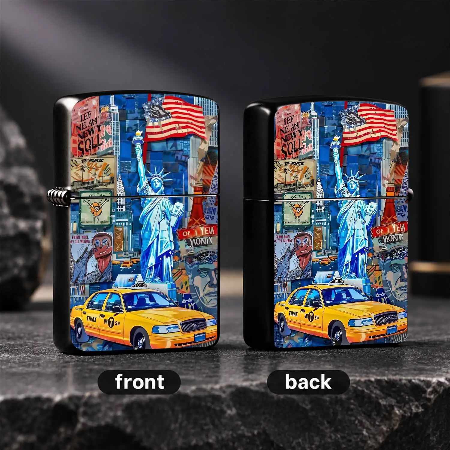 Creative New York Themed Lighter, Features Iconic Statue Of Liberty Classic Yellow Cab Urban Landmark Collage Trendy Pattern, Retro American Street Style, Suitable For Various Daily Scenarios, Unique Practical Creative Item For Gifting And