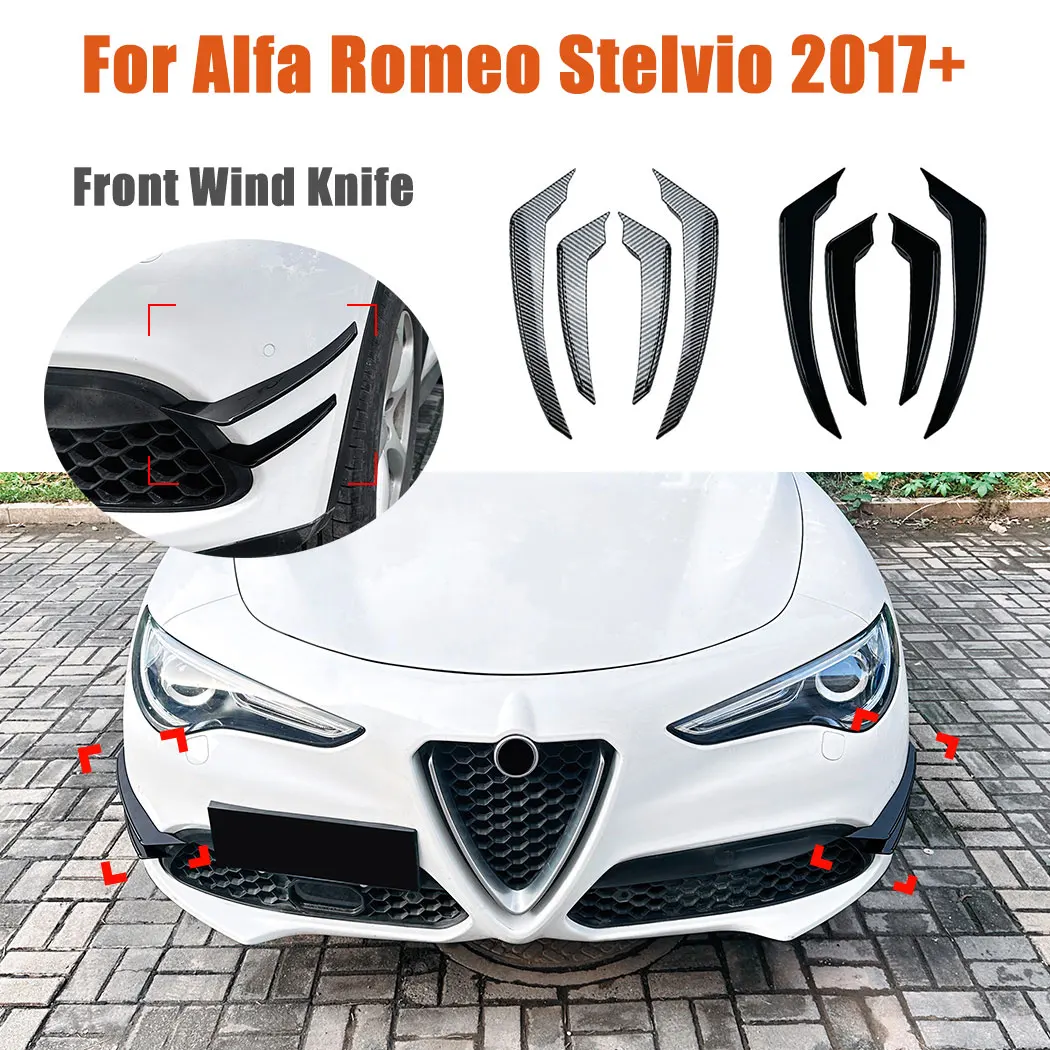 Gloss Black/Carbon Fiber Look For Alfa Romeo Stelvio 2017+ Car Front Bumper Side Wind Knife Front Blade Style Spoiler Diffuser