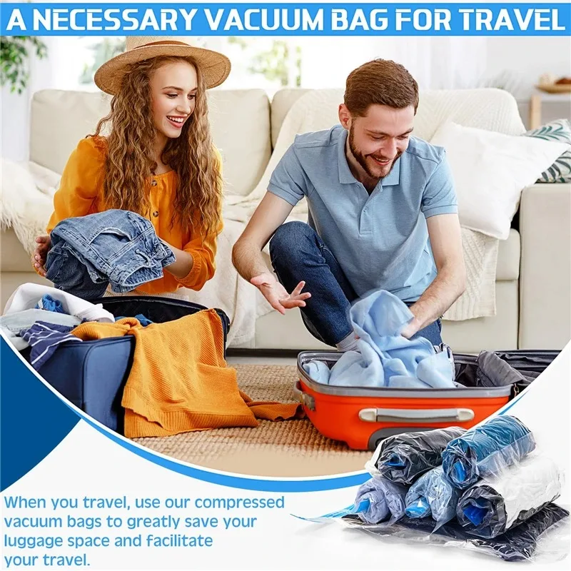 Travel Roll-Up Compression Bags, Reusable Vacuum Storage Bag, Saves 80% of Storage Space, Roll-Up Compression, No Need Air Pump