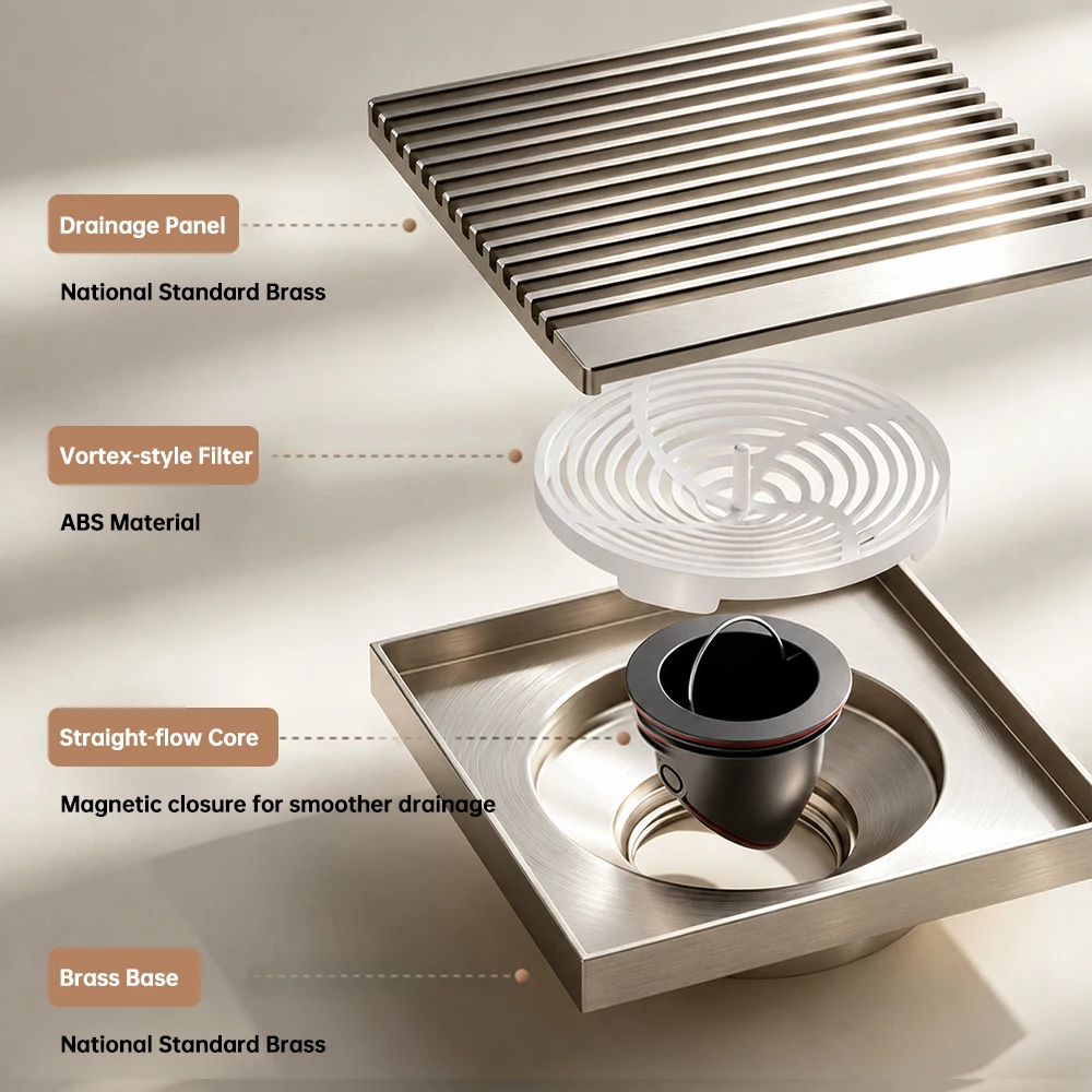 Brass Floor Drain Square Shower Drain Anti Odor Drainage Sewer Filter for Bathroom 4inch 10cm
