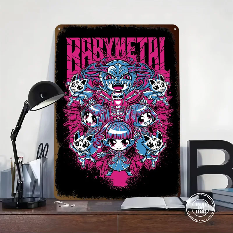 Babymetal Cartoon Illustration Personalized 3D Textured Metal Poster Wall Art Vintage Tin Signs for Setup Decorations Desk Decor