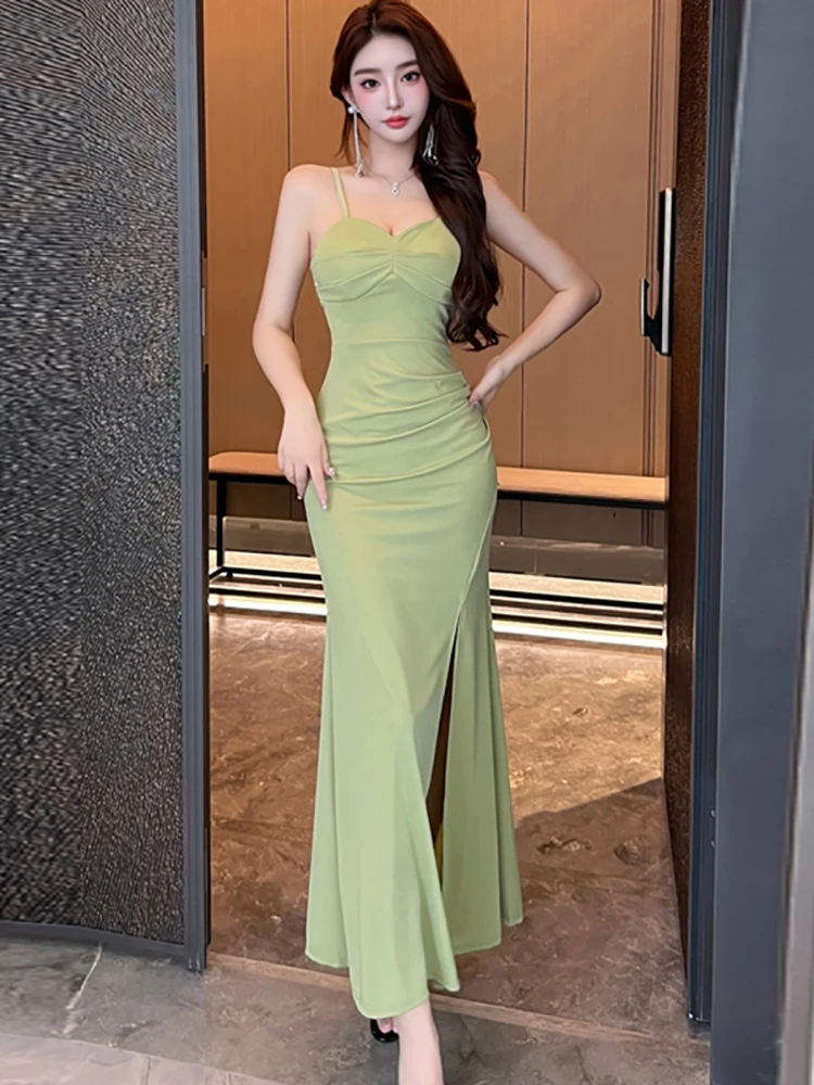 2025年 グリーン プリーツ ボディコン セクシー スリング ロングドレス レディース エレガント ラグジュアリー スリット ドレス 夏 韓国 ヴィンテージ フェスティバル パーティー ワンピース