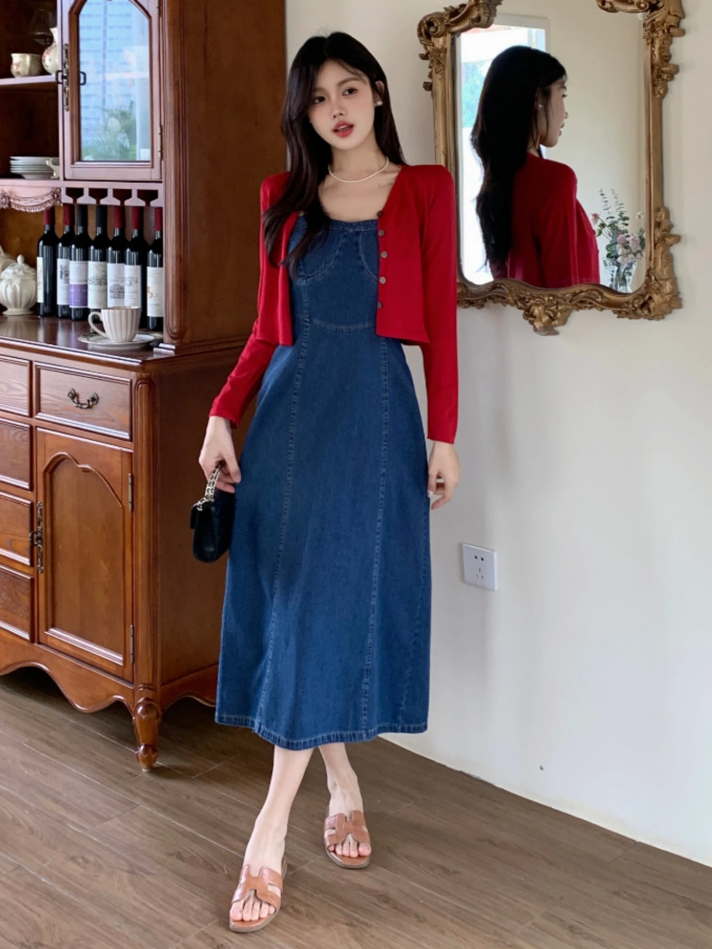 Conjunto de Dos Piezas de Vestido Vaquero Halter con Cárdigan Tipo Chal para Mujer, Talla Grande, Moda de Primavera, Disfraz que Disimula la Barriga, Atuendo que Rejuvenece
