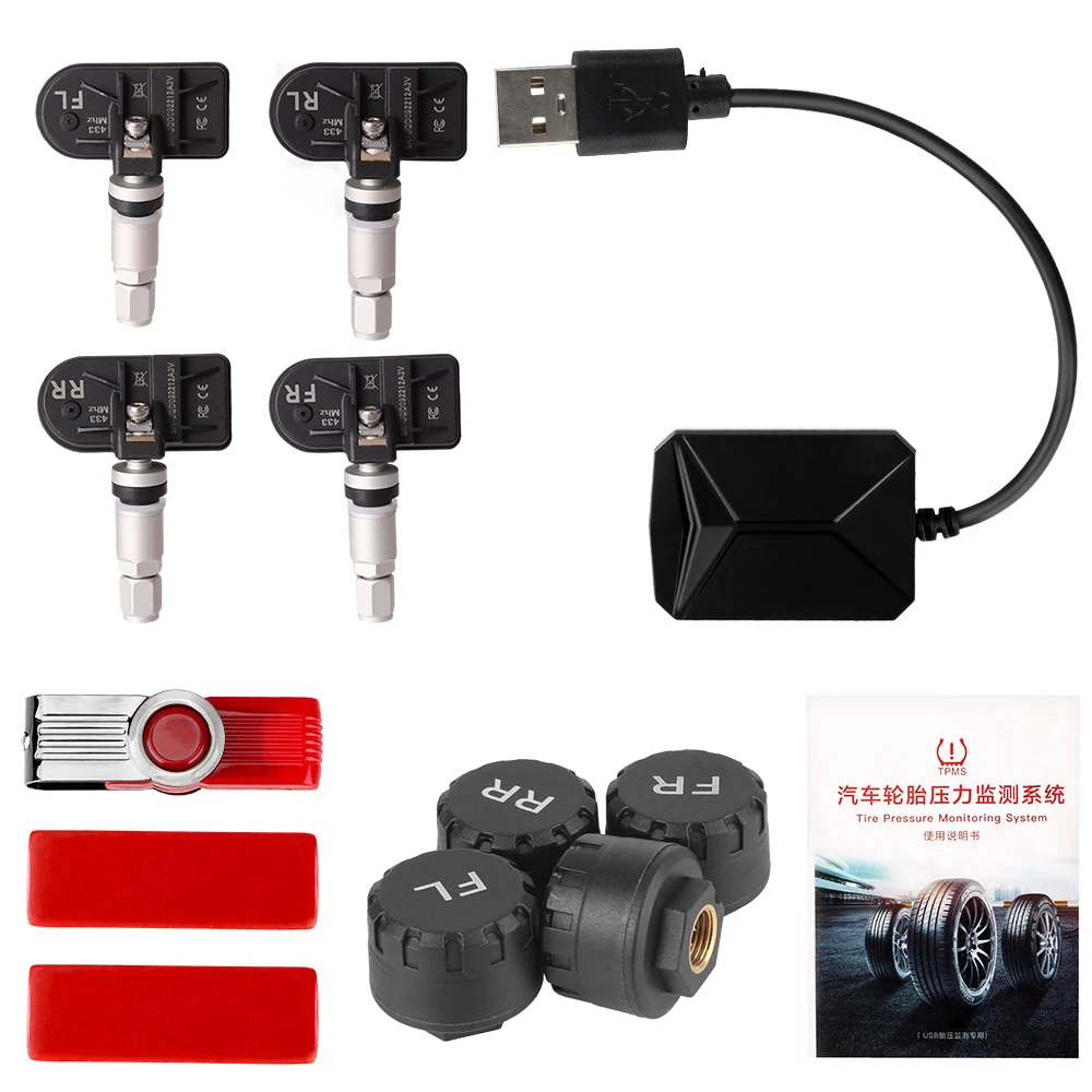 USB Android Auto TPMS mit 4 Sensoren Reifendruckkontrollsystem Drahtlose Übertragung TPMS Android Navigationsalarmsystem