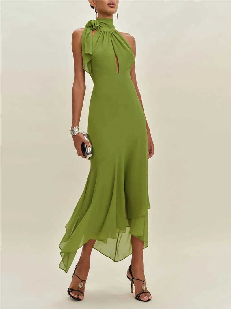 Elegant Backless Evening Dress for Women American Style Green Ruffled Prom Gowns Sleeveless Neck Hanging Slim Party Dresses