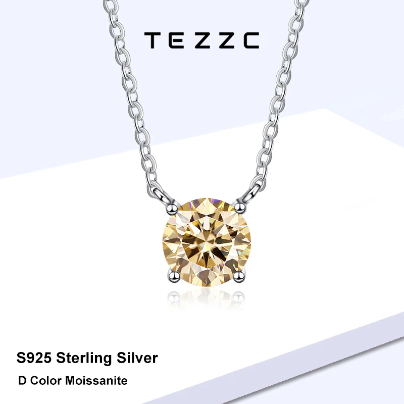 Tezzc 1-3ct Champagne Color Moissanite Pendant Necklaces S925 Silver Simple Necklace For Women Daily Bridal Wedding Jewellry