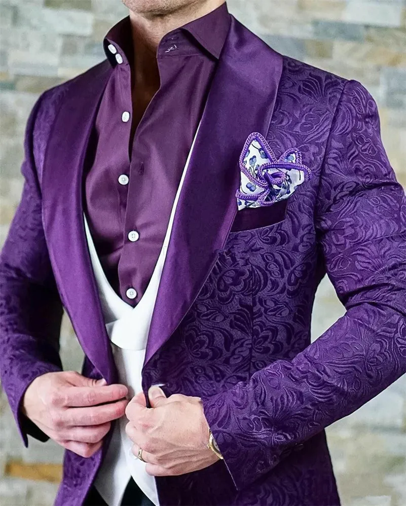 Abiti eleganti da uomo 2023 Design italiano viola Jacquard Smoking giacca 3 pezzi sposo abito da sposa per uomo