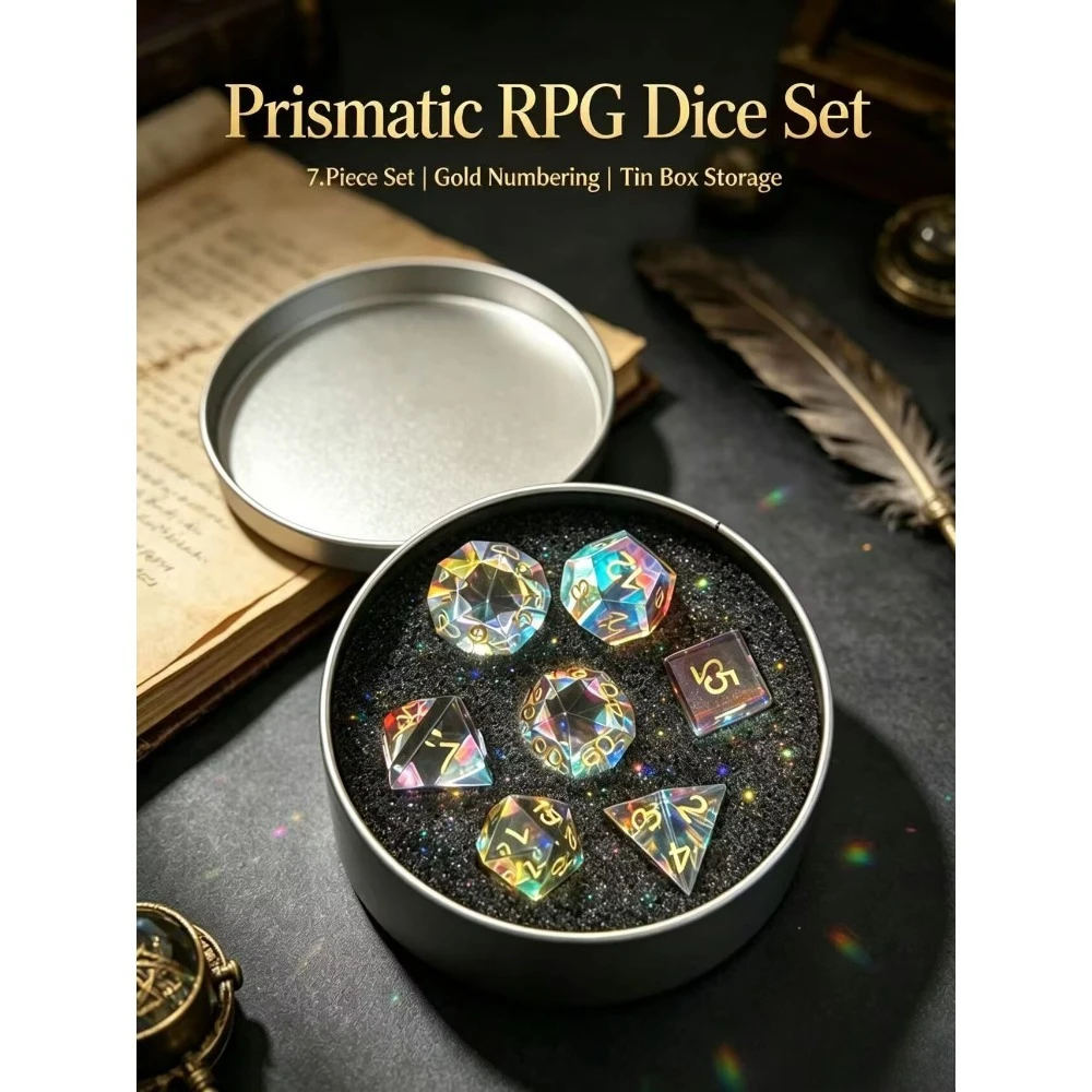 7Pcs Mirrored Gemstone Dice DND RPG Polyhedral Crystal Dice For Dungeons& Dragons Roleplaying Board Game Stone Dices Set
