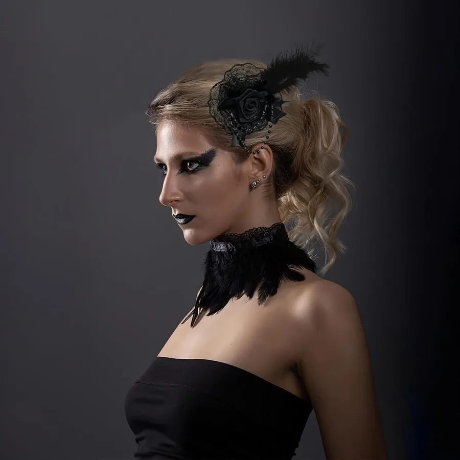 القوطية روز القوس ريشة الدانتيل مع سلسلة اللؤلؤ مشبك شعر اكسسوارات الشعر الزفاف لحفل الزفاف هالوين تأثيري حفلة عيد ميلاد Bl #4