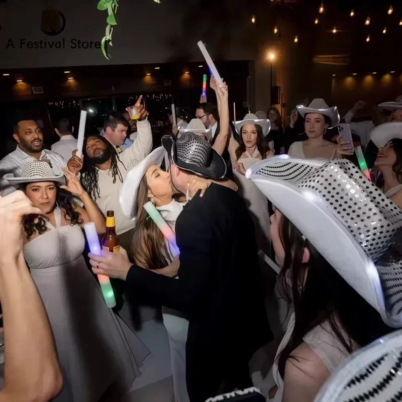 LED Light Up Cowboy Hat Sequin Neon Party Hats for Bachelorette Party Wedding Disco Dance Costume Props 2PCS view 2