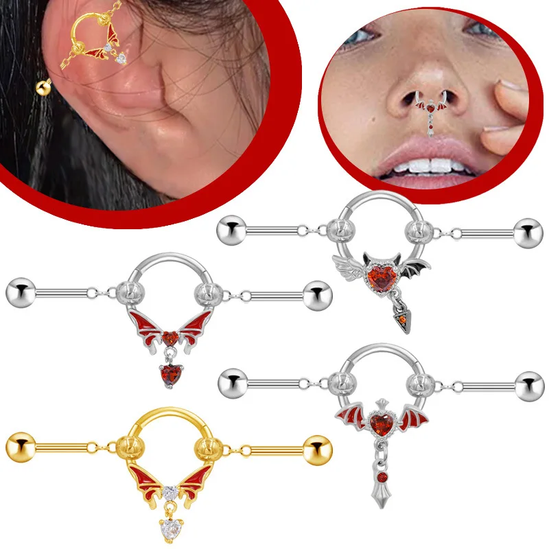 Hot-selling Heart-shaped Zircon Nose Ring Human Body Puncture Bat Earrings Ear Bridge Earbone Nails Piercing Double Use