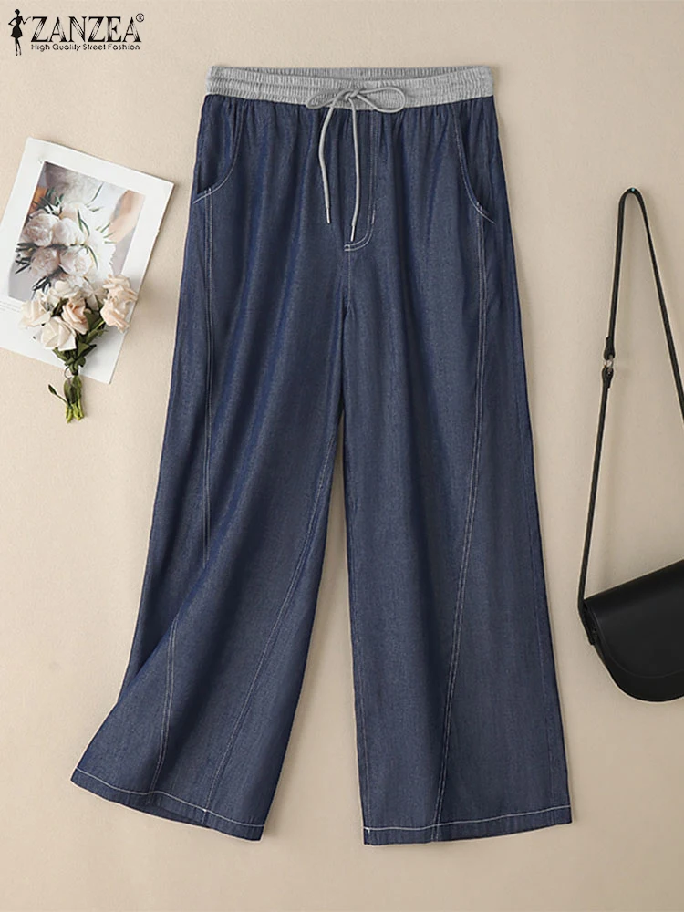 ZANZEA Damskie jeansowe spodnie z szerokimi nogawkami 2025 Casualowe kieszenie Elastyczna talia Długie spodnie Moda Plisowane sznurowane spodnie Luźne spodnie