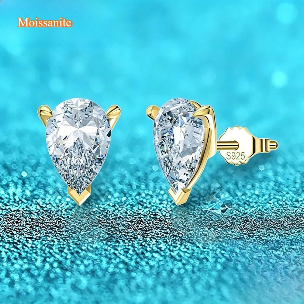 

1CT 2CT Pear Cut D VVS1 Moissanite Earrings For Women GRA Certified 18k Gold Plated Jewelry 100% Sterling Silver 925 Ear Studs