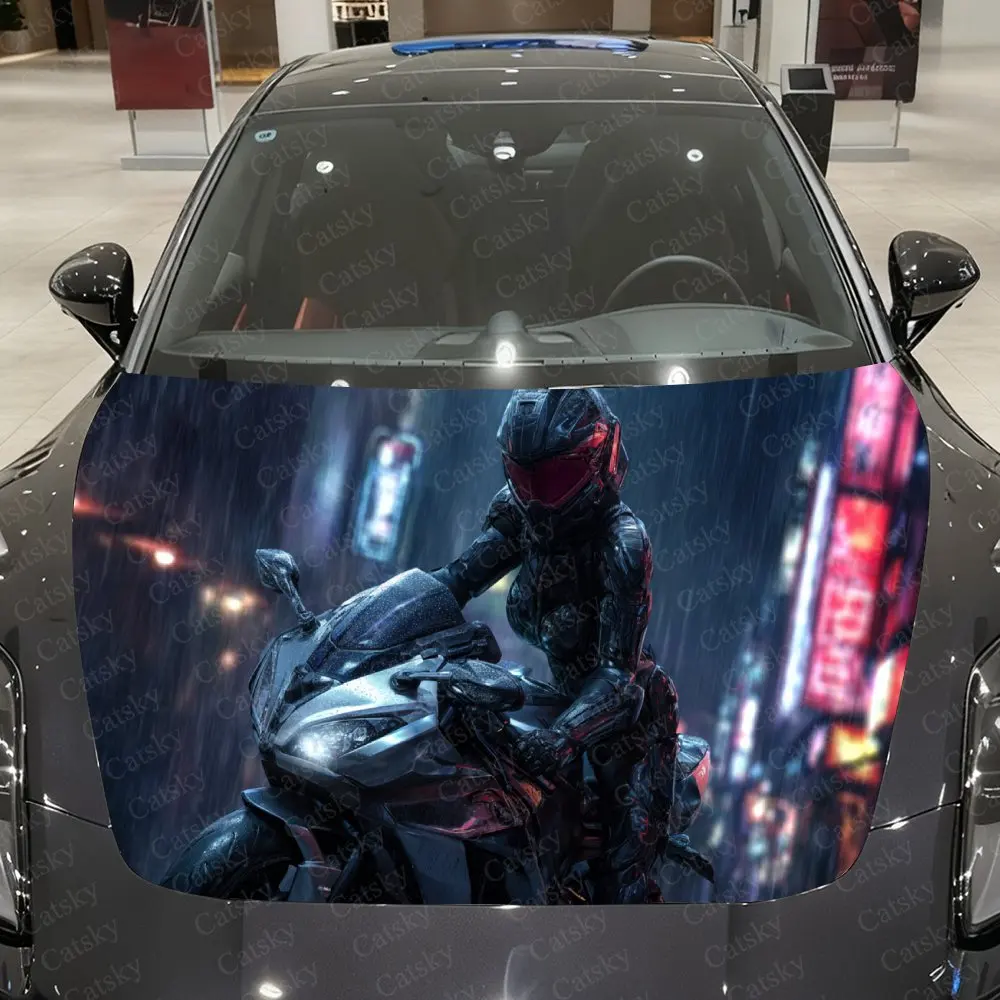

Cyber Rainy Night Battle Armor Rider Car Vinyl Wrap, PVC Material Waterproof Car Hood Sticker, Self-Adhesive Scratch-Resistant S