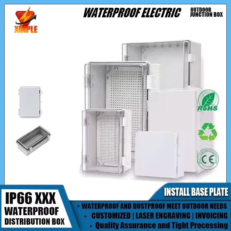 IP66 Waterproof ABS PC Hinged Plastic Enclosure Outdoor Electrical Power Junction Case Distribution Box with Install Base Plate