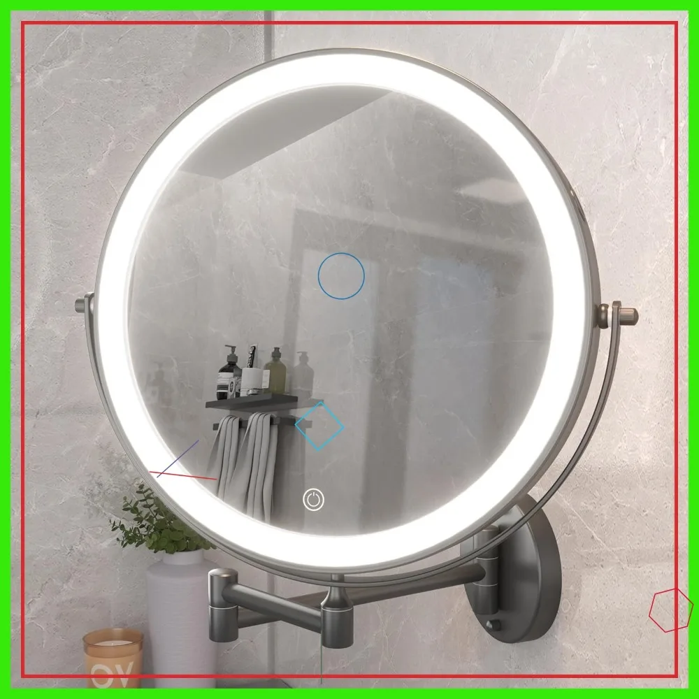 10-Inch Wall Mounted Makeup Mirror with Magnification, Rechargeable 3000mAh LED Vanity Mirror with Dimmable Lights