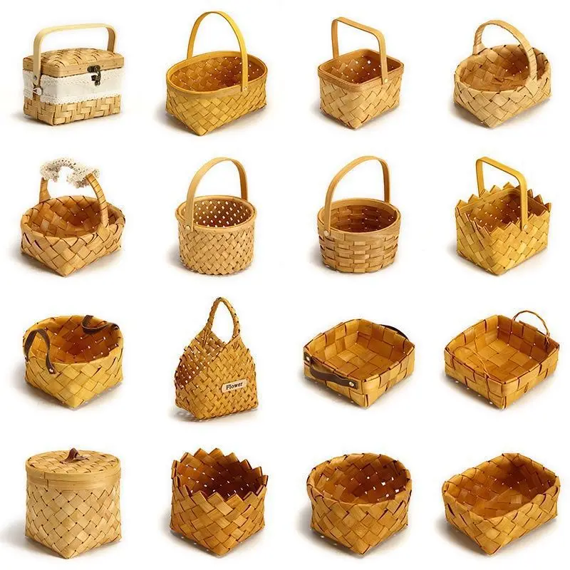 Rattan Pastoral Style Wood Piece Fruit Snack Bread Vegetable Ginger and Garlic Picnic Bamboo Woven Flower Basket