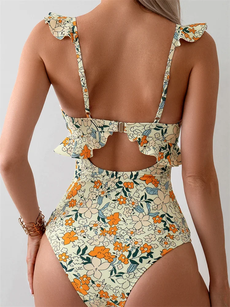 Vintage Floral Print One Piece Swimsuit 2024 Women Ruffles Hollow Out Slim Tummy Control Swimwear Beach Bathing Suit Monokini