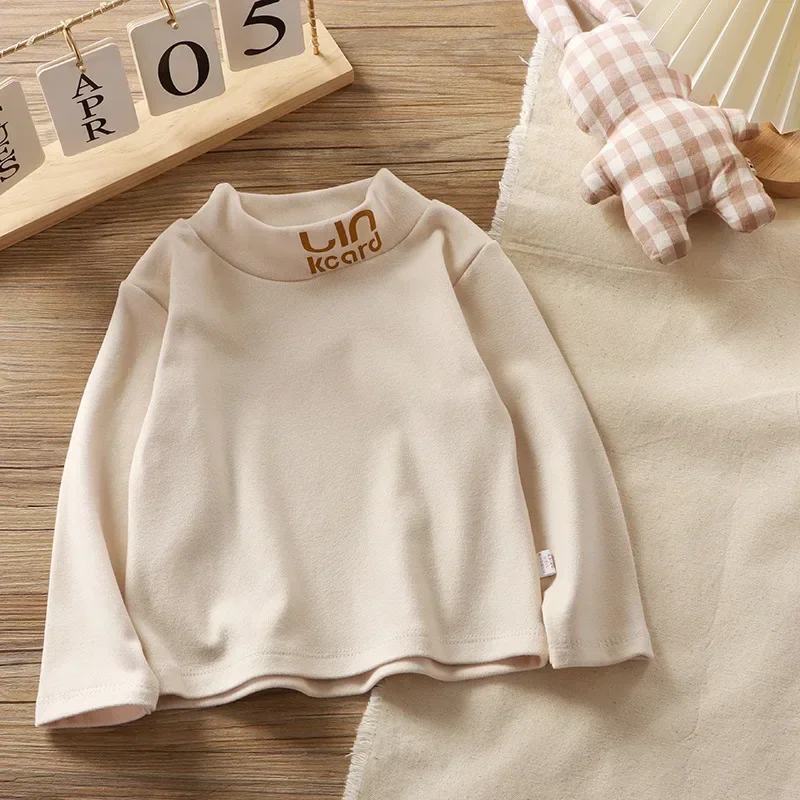New 2024 Autumn Kids T-Shirts Boys Girls Fashion Turtleneck Long Sleeve Solid T-shirt Tops Children\'s Casual T-shirts Clothing