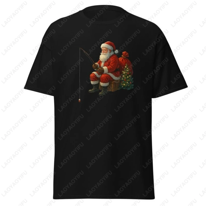 

Fishing Santa Unisex Classic Funny Christmas Holiday Tees Gift Simple Cute Men Women Cotton Tshirt Creative Leisure Vintage Tops