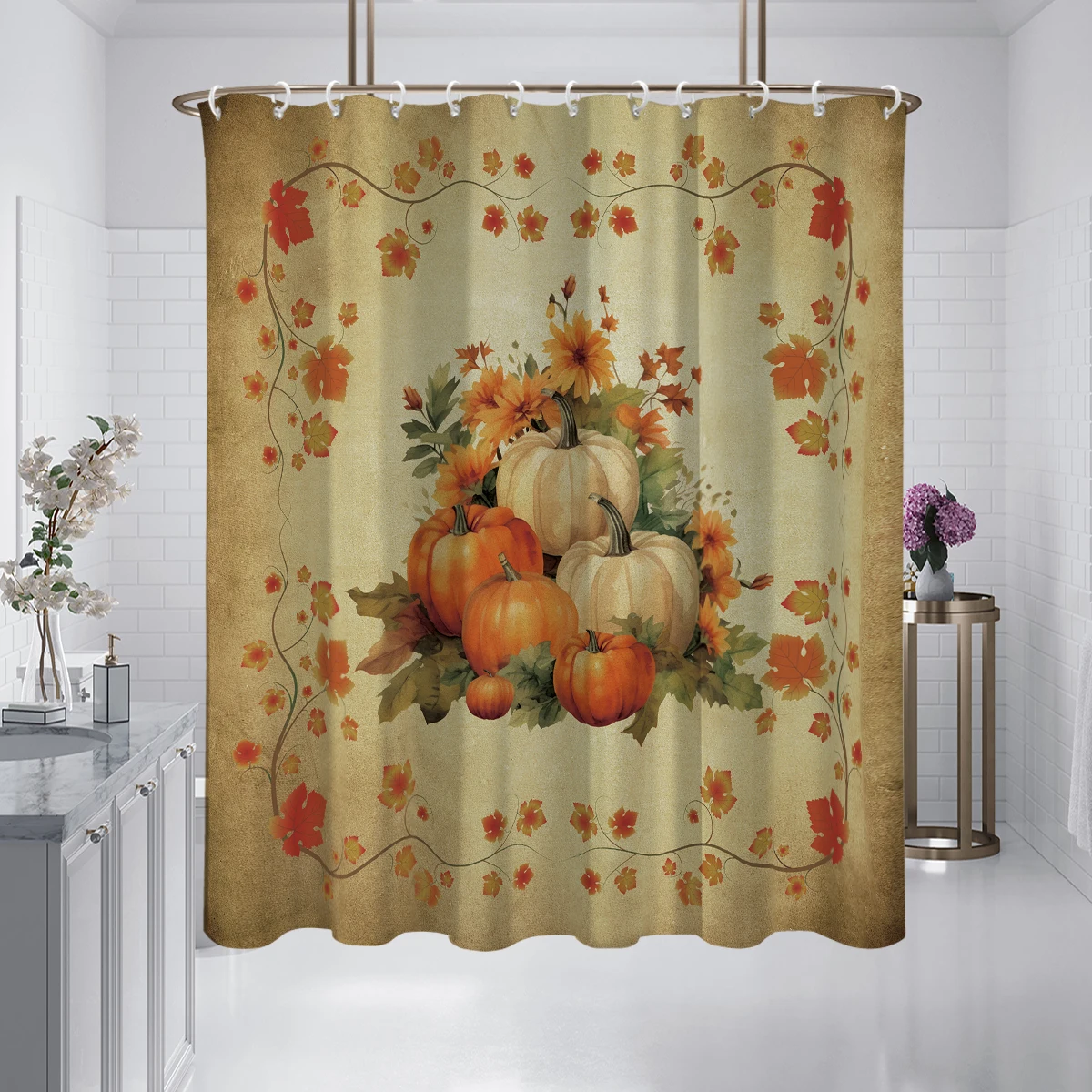 Thanksgiving Pumpkin Print Shower Curtain, Vintage Style Autumn Leaves Pattern Bathroom Decor with 12 Hooks