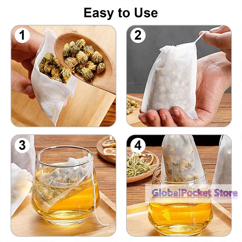 100PCS Non-woven Tea Bags Disposable Teabags With Drawstring Sealing Coffee Spice Tea Filter Paper Infuser Kitchen Teaware
