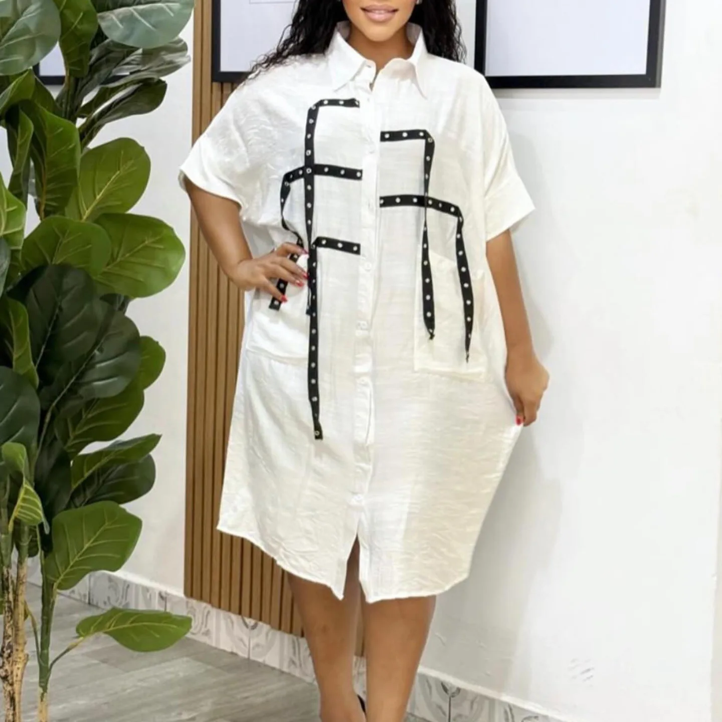 Loose Shirt Dress Fashion Lapel Single Breasted Half Sleeved Big Pocket Spliced ​​midi Dresses Women Elegant Commuter Shirt