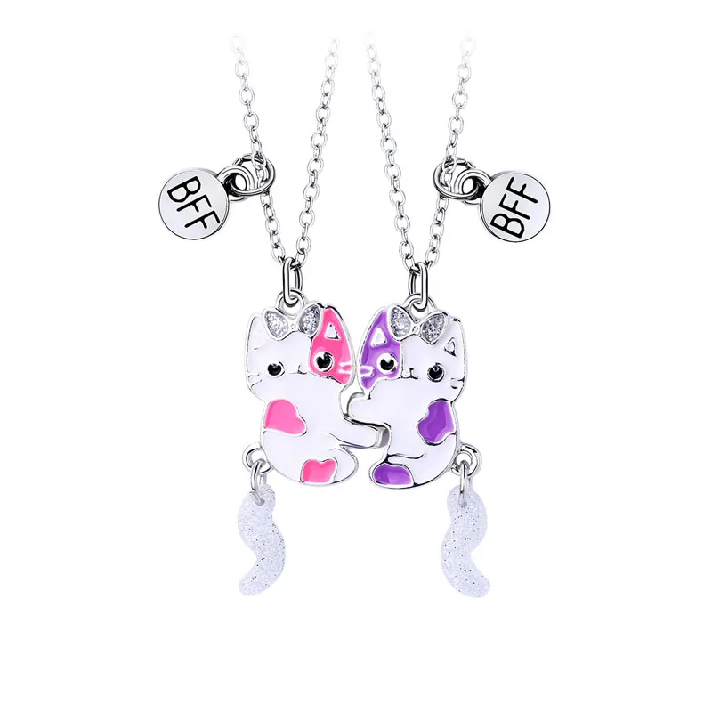 Luoluo&baby 2Pcs/set Heart Fox Butterfly Cat Magnetic Pendant Best Friend Necklace for Kids Children Friendship Jewelry Gifts