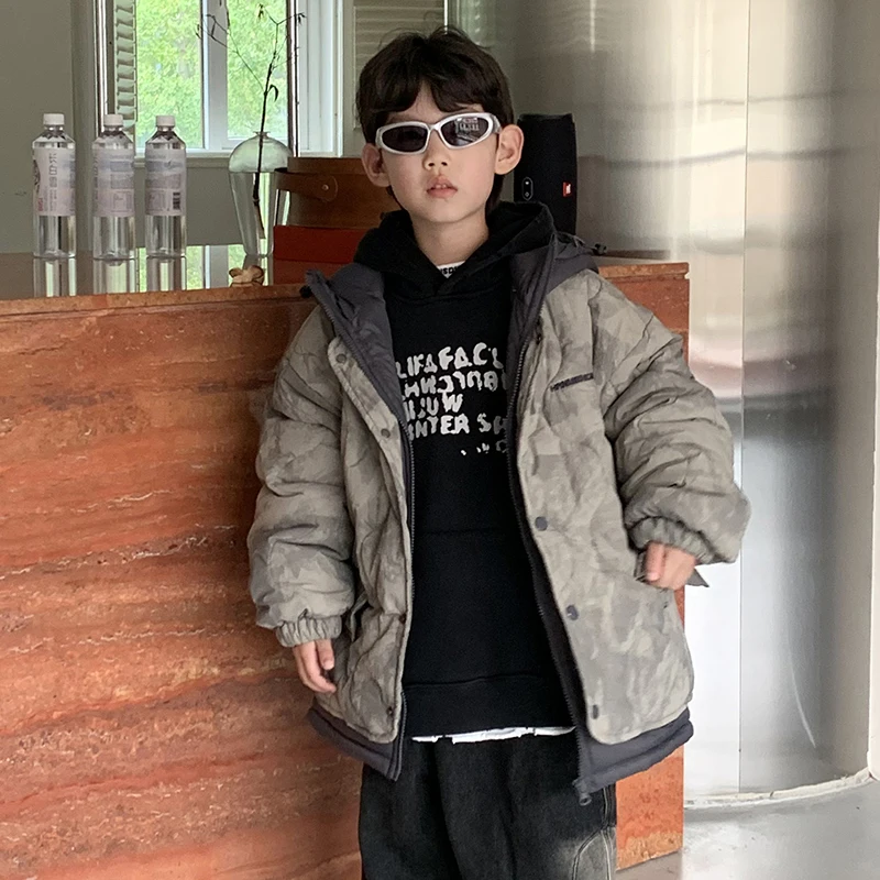 

Thickened Fake Two-Piece Cotton Jacket Winter Fashionable Baby Boy down Cotton Coat Standard Fit Home Wear Long Sleeve Zipper