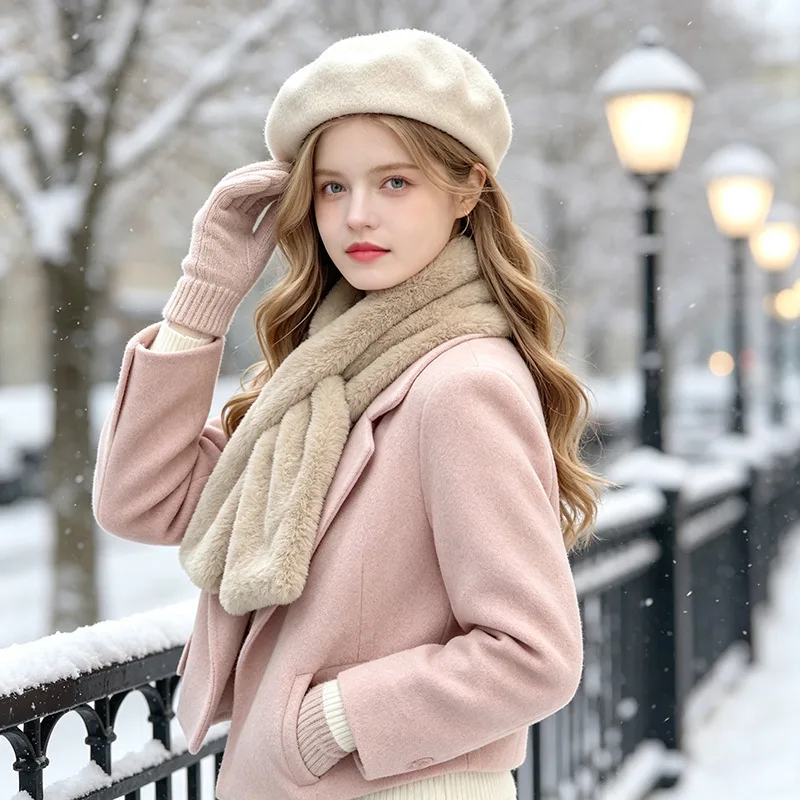 2/1 Piece Winter Faux Rabbit Fur Plush Neck Warmer for Women, Korean Style, Thickened, Faux Collar Scarf, Neck Protection Scarf