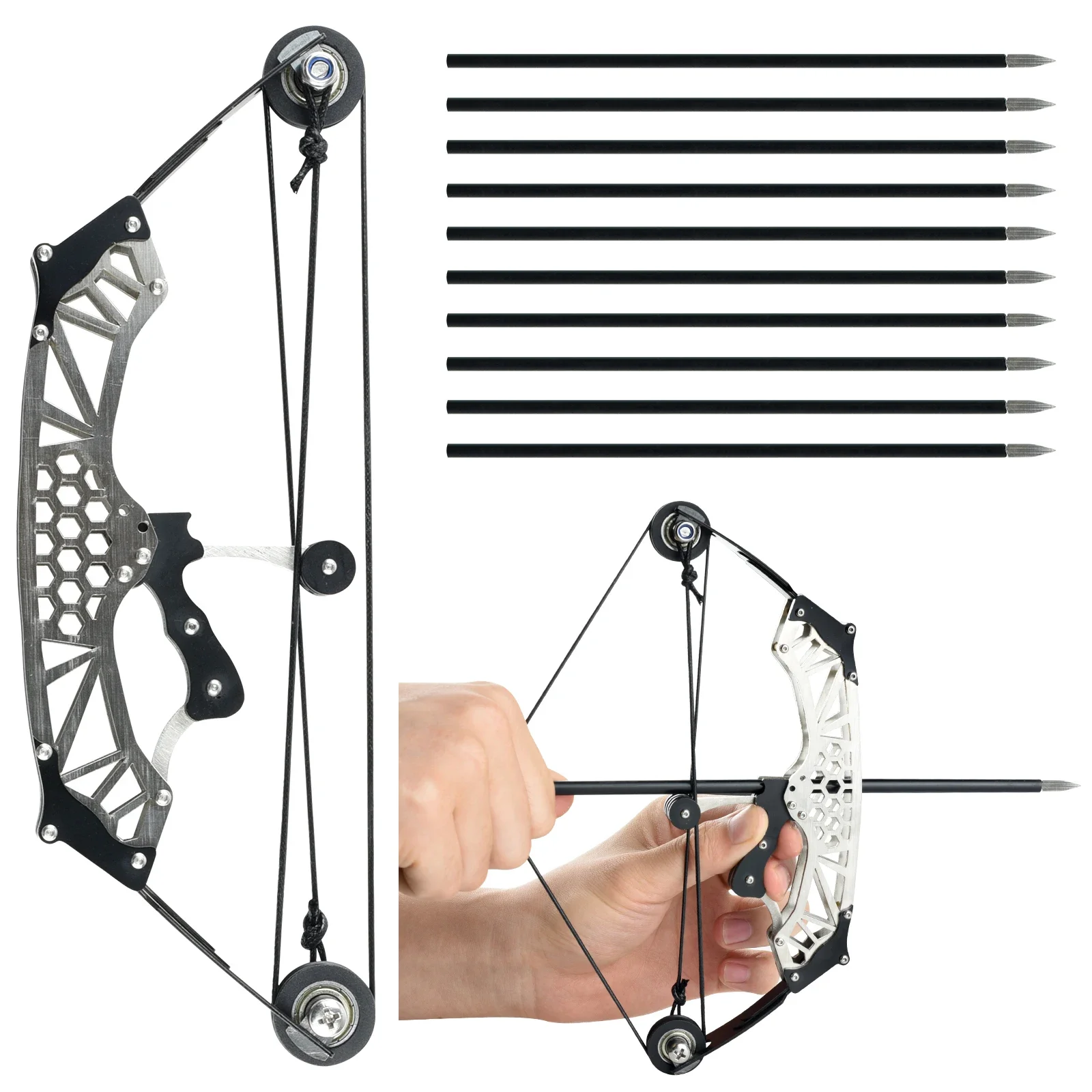 304 Stainless Steel Mini  Compound Bow Toy Indoor and Outdoor Shooting Archery Hunting Pulley Decompression Bow and 10 Arrows